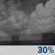 Monday Night: A 30 percent chance of showers and thunderstorms before 1am.  Partly cloudy, with a low around 62. Southeast wind around 5 mph becoming calm. 